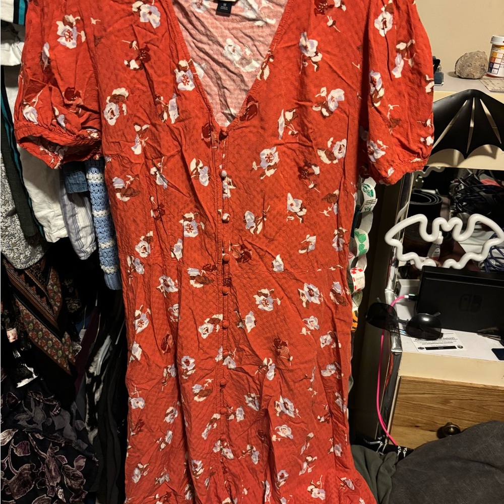 Universal Thread Rust coral Floral Midi Dress with Puff Sleeves